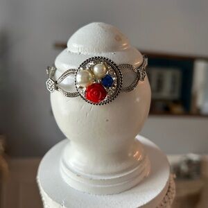 GS Vintage Silver Bracelet with Red Rose and Blue Accents